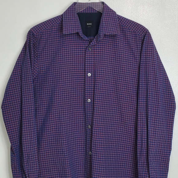Boss Hugo Boss size S check plaid slim fit shirt blue button front long sleeve - Picture 2 of 11